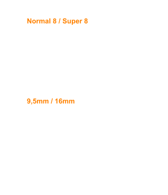 Normal 8 / Super 8 Rollendurchmesser (in cm)    Filmlänge (in m)                7,0  15               12,5  63               17,0 120               21,0 180               24,0 240 9,5mm / 16mm Rollendurchmesser (in cm)    Filmlänge (in m)                9,0  30               13,0  60               18,0 120               25,0 240               27,0 300              38,0 600
